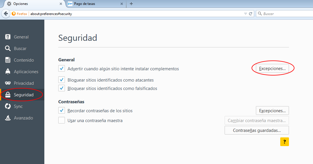 3.4 Seguridad En las opciones de configuración de Firefox, se selecciona la pestaña izquierda de Seguridad.