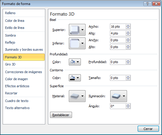 La opción Opciones 3D abre el cuadro de diálogo Formato de forma.