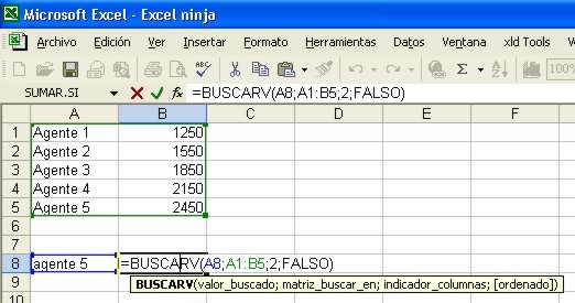 %XVFDU9 Esta función es muy útil para trabajar con grandes tablas de datos, devuelve el valor que esta a la derecha del valor ingresado como referencia =BUSCARV(A8;A1:B5;2;FALSO) La sintaxis de la