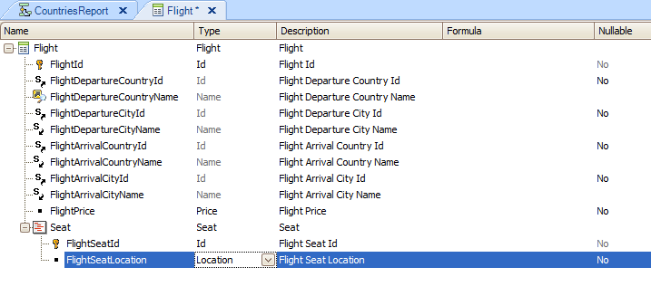 Creamos otro atributo más, que lo nombramos FlightSeat Location. Le asignamos un dominio Location de tipo carácter(1).