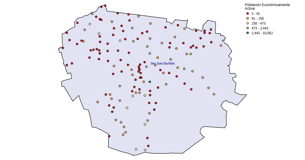 En la Figura 4se observan las localidades por número de PEA en la zona de estudio, donde la mayoría presentan menos de 131 personas que se encuentran económicamente activas. Figura 4. Localidades con población económicamente activa.