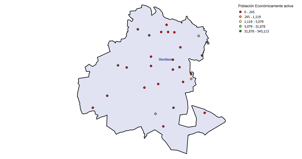 En la Figura 4se observan las localidades por número de PEA del zona de estudio. Figura 4. Localidades con población económicamente activa. Fuente: INEGI 2010.