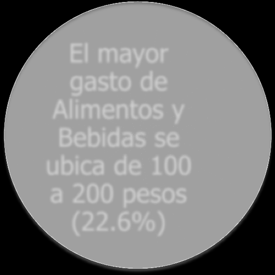 GASTO PROMEDIO ALIMENTOS Y BEBIDAS 25% 20% 22.6% El mayor gasto de Alimentos y Bebidas se ubica de 100 a 200 pesos (22.6%) El gasto promedio ponderado es de $359 pesos. 15% 12.9% 12.9% 11.