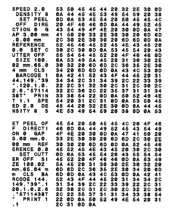 Datos ASCII Datos hexadecimales relacionados con la columna de datos ASCII de la izquierda Nota: 1. El modo Volcado requiere una anchura de papel de 4. 2.
