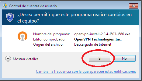4.1. Instalación de OpenVPN GUI Desde la carpeta de Descargas doble click sobre el fichero y comenzará la instalación de OpenVPN.
