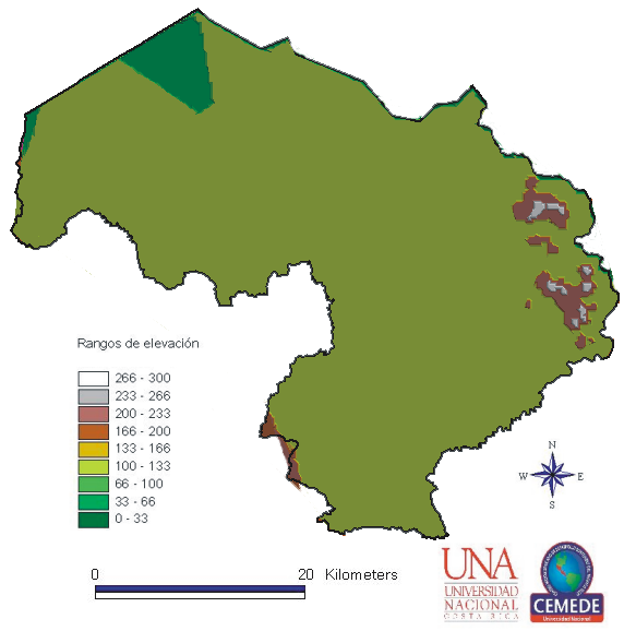 Orden Hectáreas % Ultisoles 144804,4 55,1% Inceptisoles 100433,0 38,2% Entisoles 12641,4 4,8% NA 4989,6 1,9% Figura 36: Rangos de elevación en el área seleccionada dentro de la región Huetar Norte
