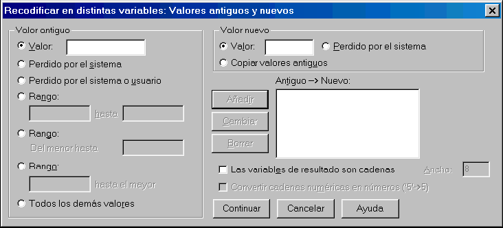 Pulsar botón Valores antiguos y nuevos... para acceder al subcuadro de diálogo Recodificar en distintas variables: Valores antiguos y nuevos (ver figura 5.11)