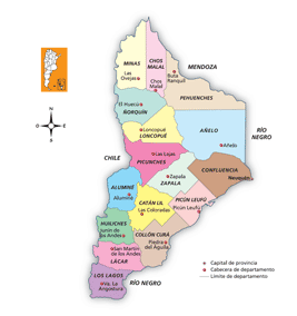 La provincia se encuentra dividida en los dieciséis departamentos que se mencionan a continuación, con su respectiva cabecera: N Departamento Cabecera 1 Aluminé Aluminé 2 Añelo Añelo.