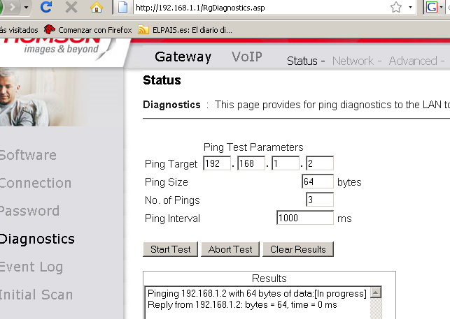 Página inicial del Gateway o pasarela. Se puede comprobar como tenemos disponibles en la parte izquierda de la página, los menús de configuración básicos.