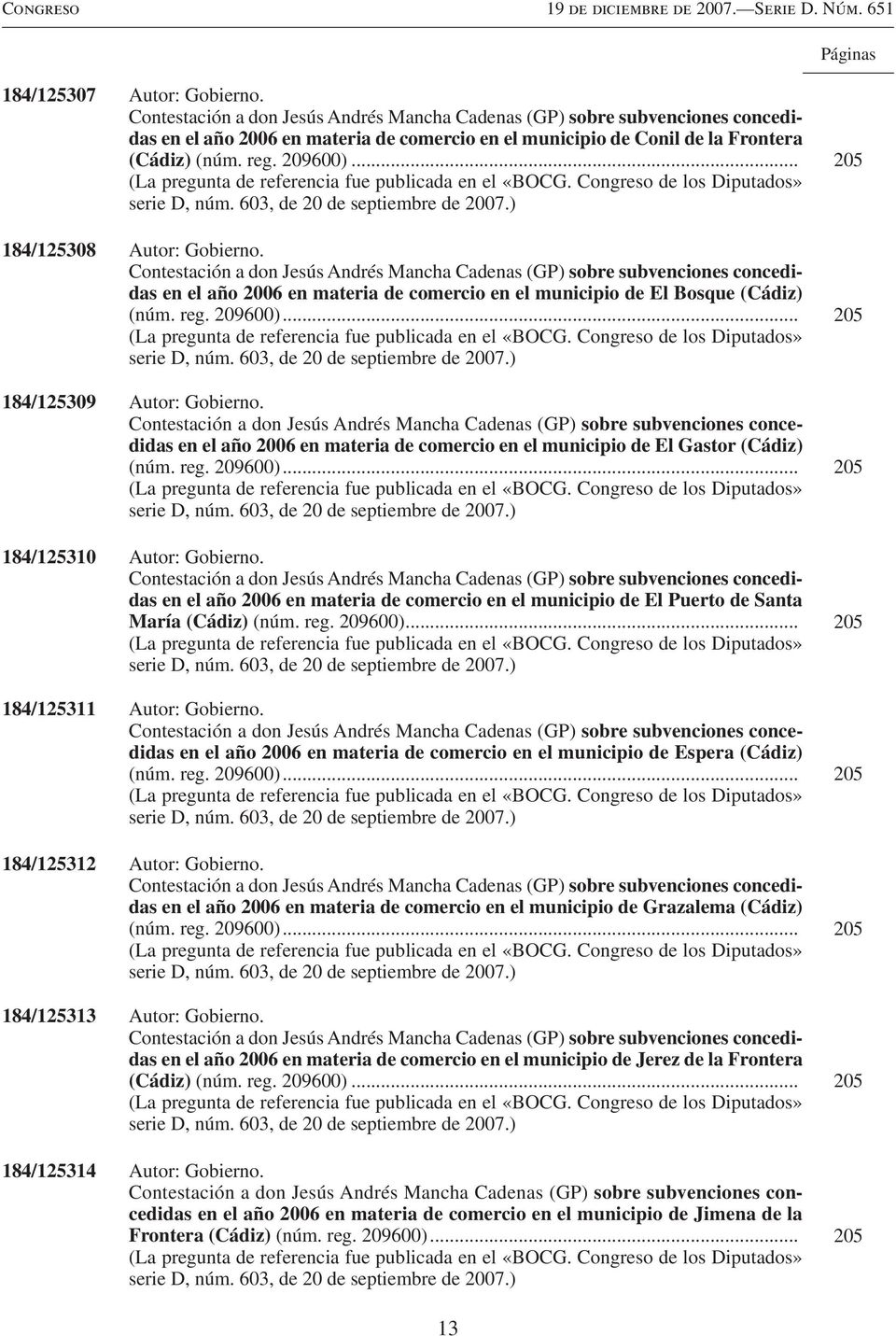 .. 205 184/125308 Autor: Gobierno. Contestación a don Jesús Andrés Mancha Cadenas (GP) sobre subvenciones concedidas en el año 2006 en materia de comercio en el municipio de El Bosque (Cádiz) (núm.