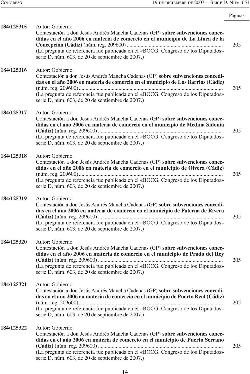 .. 205 184/125316 Autor: Gobierno. Contestación a don Jesús Andrés Mancha Cadenas (GP) sobre subvenciones concedidas en el año 2006 en materia de comercio en el municipio de Los Barrios (Cádiz) (núm.