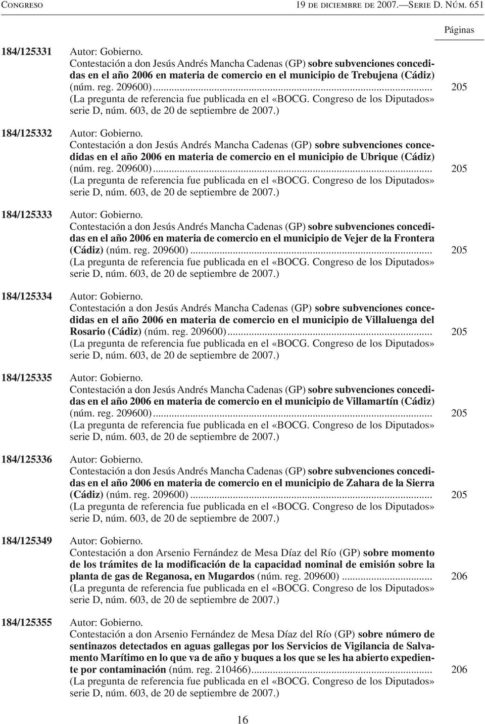 .. 205 184/125332 Autor: Gobierno. Contestación a don Jesús Andrés Mancha Cadenas (GP) sobre subvenciones concedidas en el año 2006 en materia de comercio en el municipio de Ubrique (Cádiz) (núm. reg.