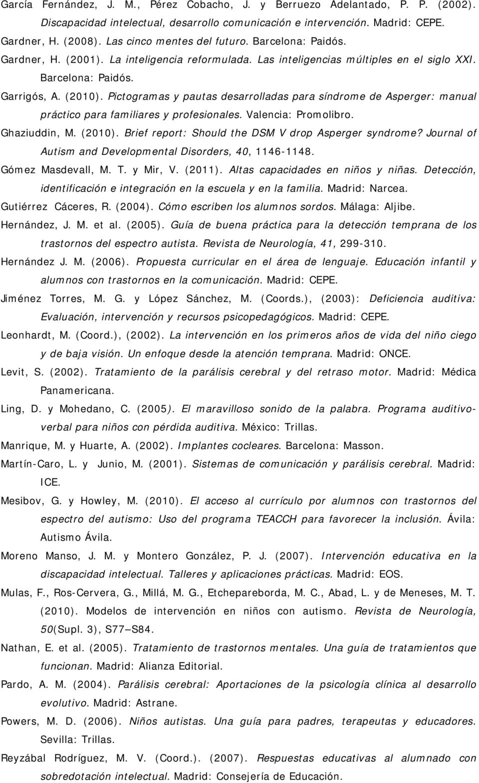 Pictogramas y pautas desarrolladas para síndrome de Asperger: manual práctico para familiares y profesionales. Valencia: Promolibro. Ghaziuddin, M. (2010).