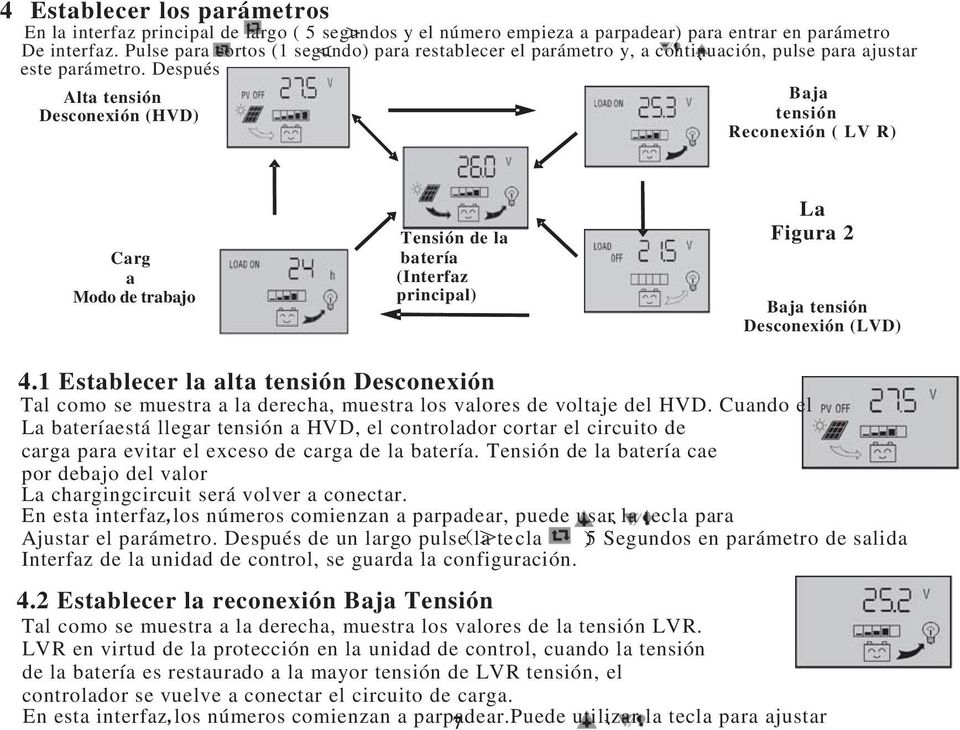 Después Alta tensión Desconexión (HVD) Baja tensión Reconexión ( LV R) Carg a Modo de trabajo Tensión de la batería (Interfaz principal) La Figura 2 Baja tensión Desconexión (LVD) 4.