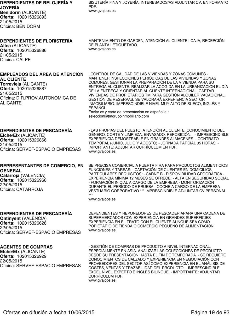 EMPLEADOS DEL ÁREA DE ATENCIÓN AL CLIENTE Torrevieja (ALICANTE) Oferta: 102015326887 21/05/2015 Oficina: DIR.PROV.