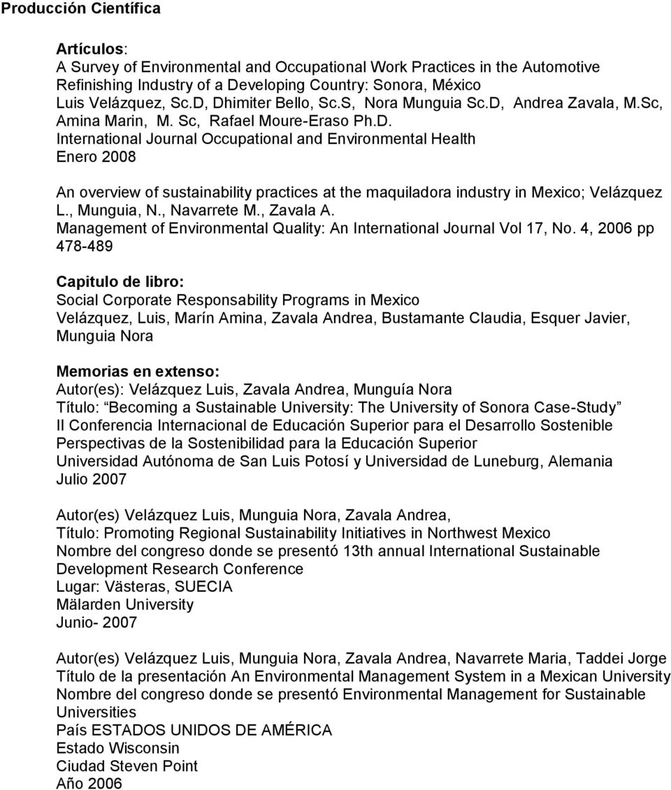 , Munguia, N., Navarrete M., Zavala A. Management of Environmental Quality: An International Journal Vol 17, No.