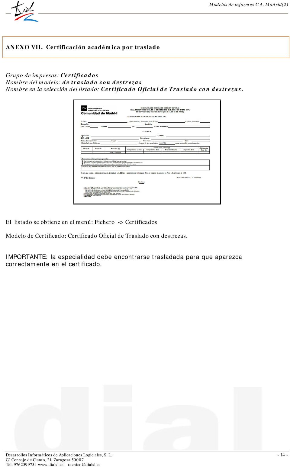 selección del listado: Certificado Oficial de Traslado con destrezas.