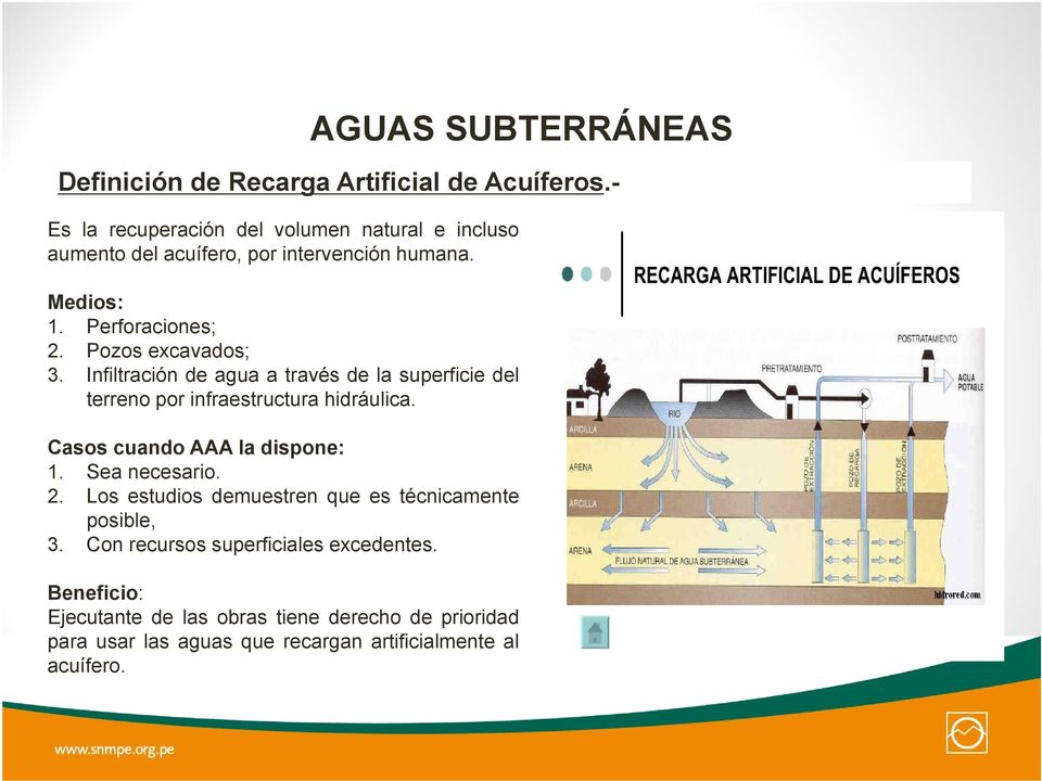 Pozos excavados; 3. Infiltración de agua a través de la superficie del terreno por infraestructura hidráulica. Casos cuando AAA la dispone: 1.