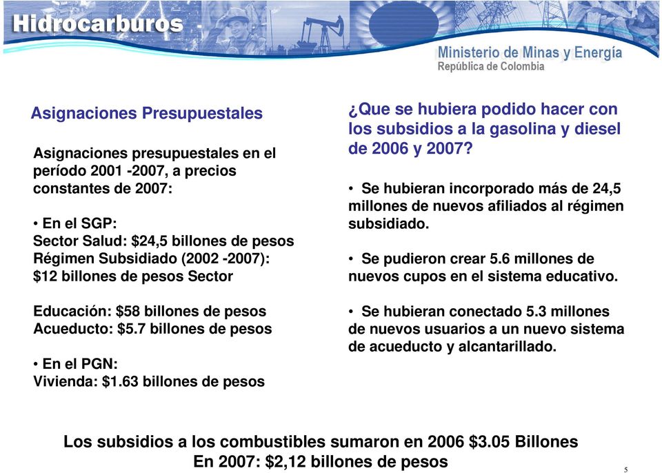 63 billones de pesos Que se hubiera podido hacer con los subsidios a la gasolina y diesel de 2006 y 2007? Se hubieran incorporado más de 24,5 millones de nuevos afiliados al régimen subsidiado.
