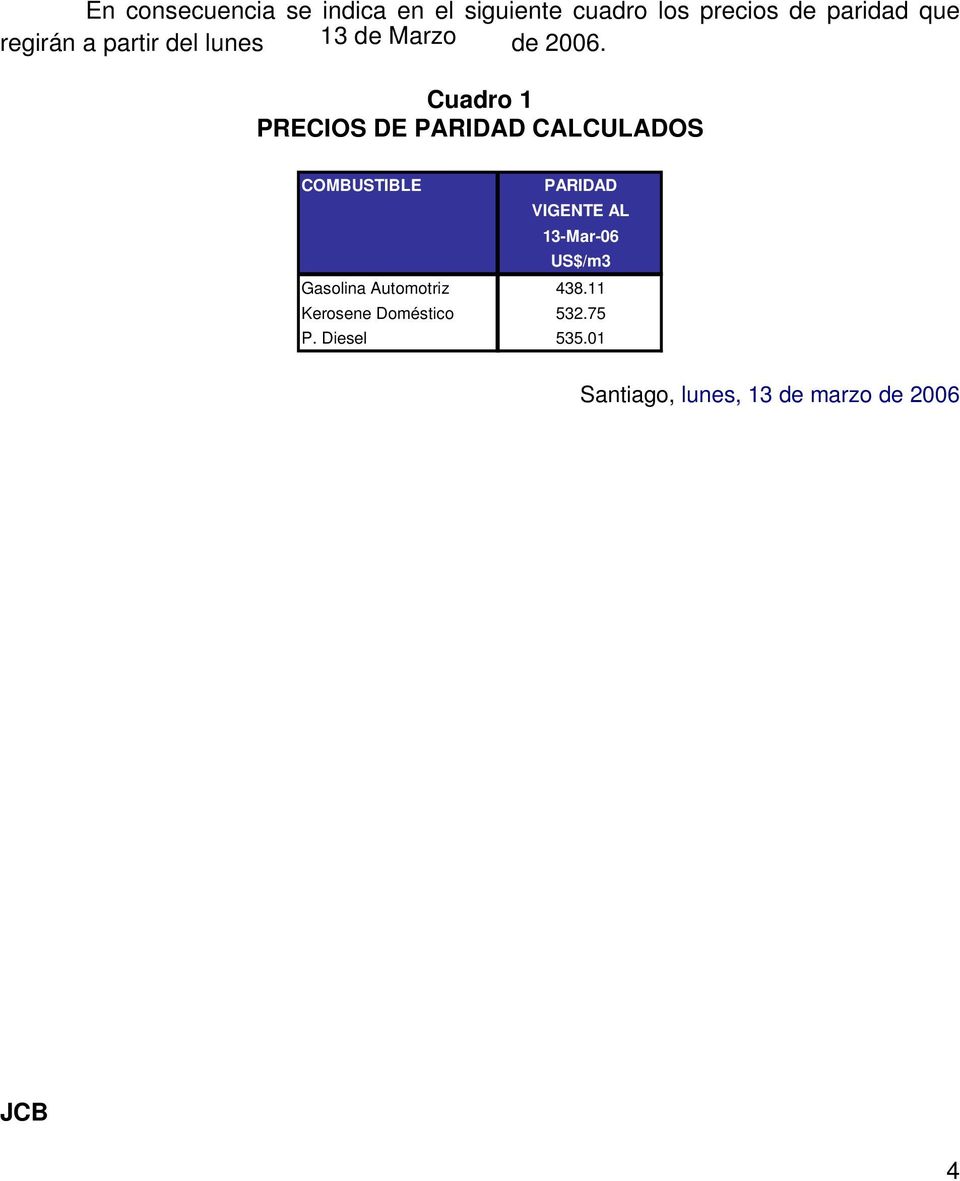 Cuadro 1 PRECIOS DE PARIDAD CALCULADOS COMBUSTIBLE PARIDAD VIGENTE AL