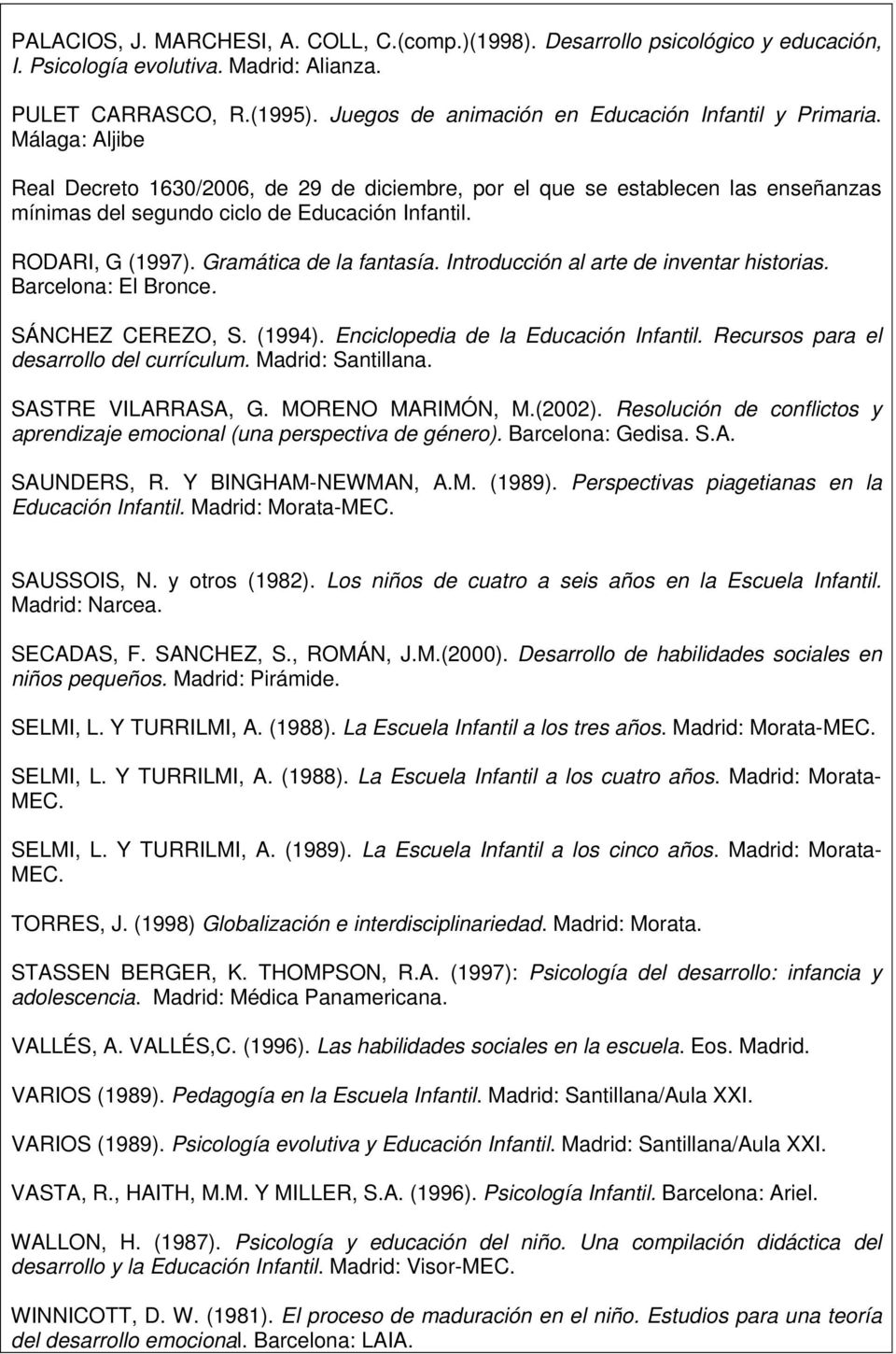Málaga: Aljibe Real Decreto 1630/2006, de 29 de diciembre, por el que se establecen las enseñanzas mínimas del segundo ciclo de Educación Infantil. RODARI, G (1997). Gramática de la fantasía.