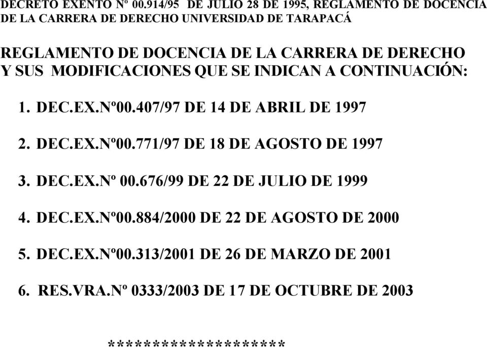 CARRERA DE DERECHO Y SUS MODIFICACIONES QUE SE INDICAN A CONTINUACIÓN: 1. DEC.EX.Nº00.407/97 DE 14 DE ABRIL DE 1997 2. DEC.EX.Nº00.771/97 DE 18 DE AGOSTO DE 1997 3.