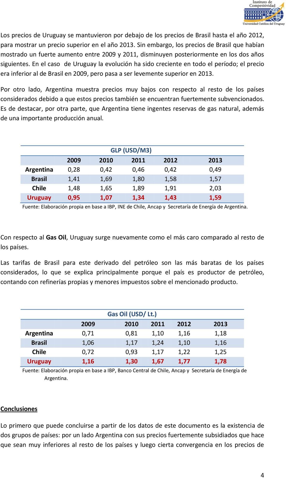 En el caso de Uruguay la evolución ha sido creciente en todo el período; el precio era inferior al de Brasil en 2009, pero pasa a ser levemente superior en 2013.