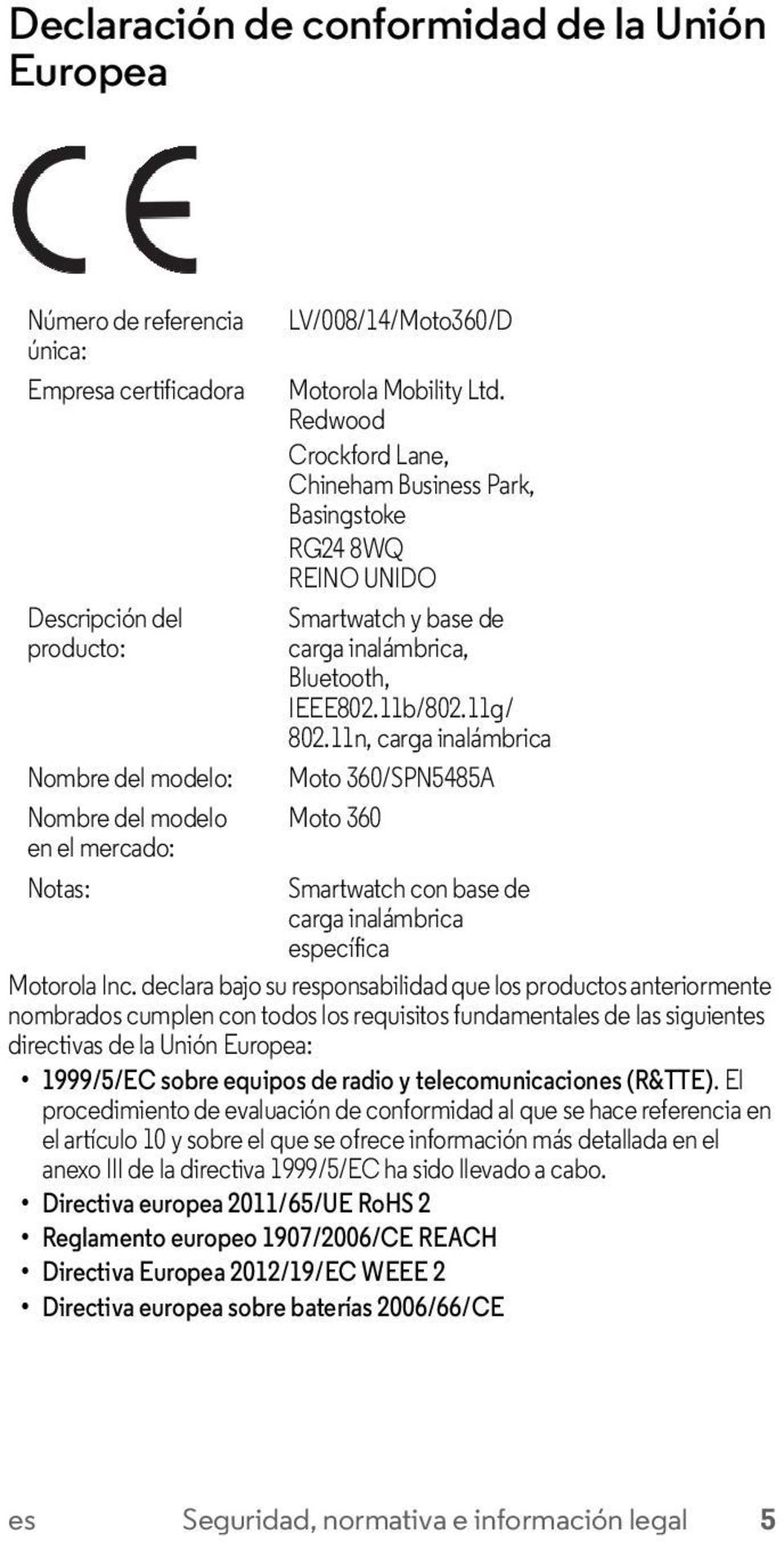 11n, carga inalámbrica Nombre del modelo: Moto 360/SPN5485A Nombre del modelo Moto 360 en el mercado: Notas: Smartwatch con base de carga inalámbrica específica Motorola Inc.