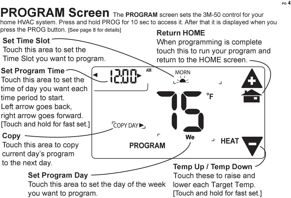 Left arrow goes back, right arrow goes forward. [Touch and hold for fast set.] Copy Touch this area to copy current day s program to the next day.