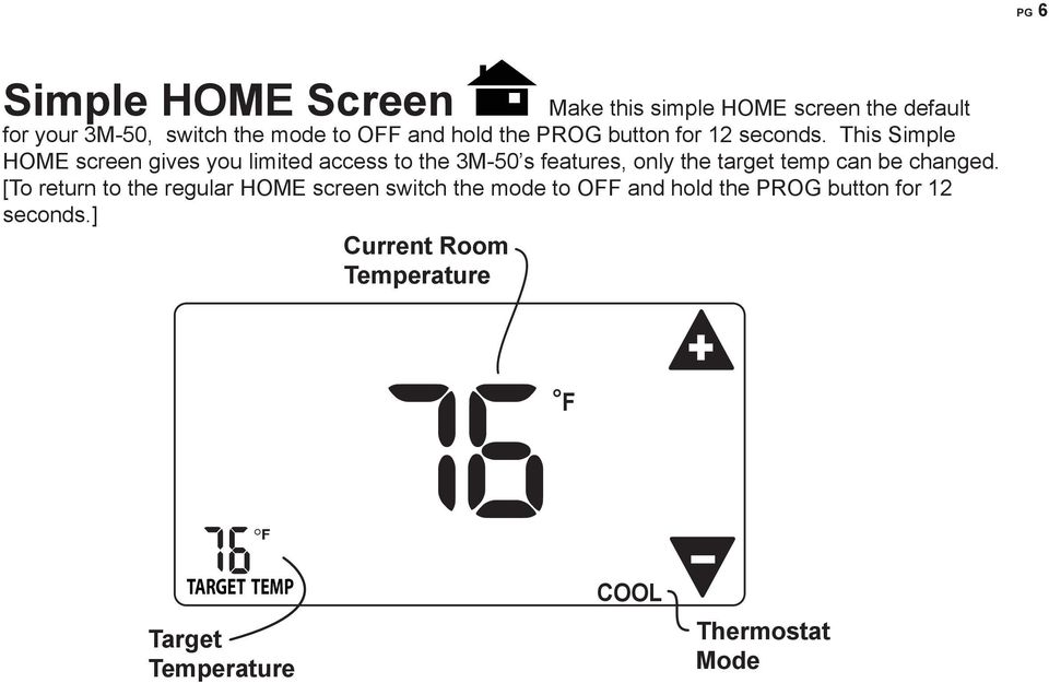 This Simple HOME screen gives you limited access to the 3M-50 s features, only the target temp can be changed.