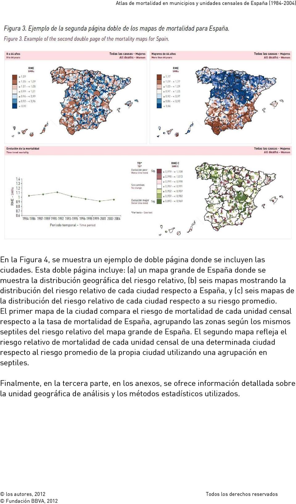 respecto a España, y (c) seis mapas de la distribución del riesgo relativo de cada ciudad respecto a su riesgo promedio.