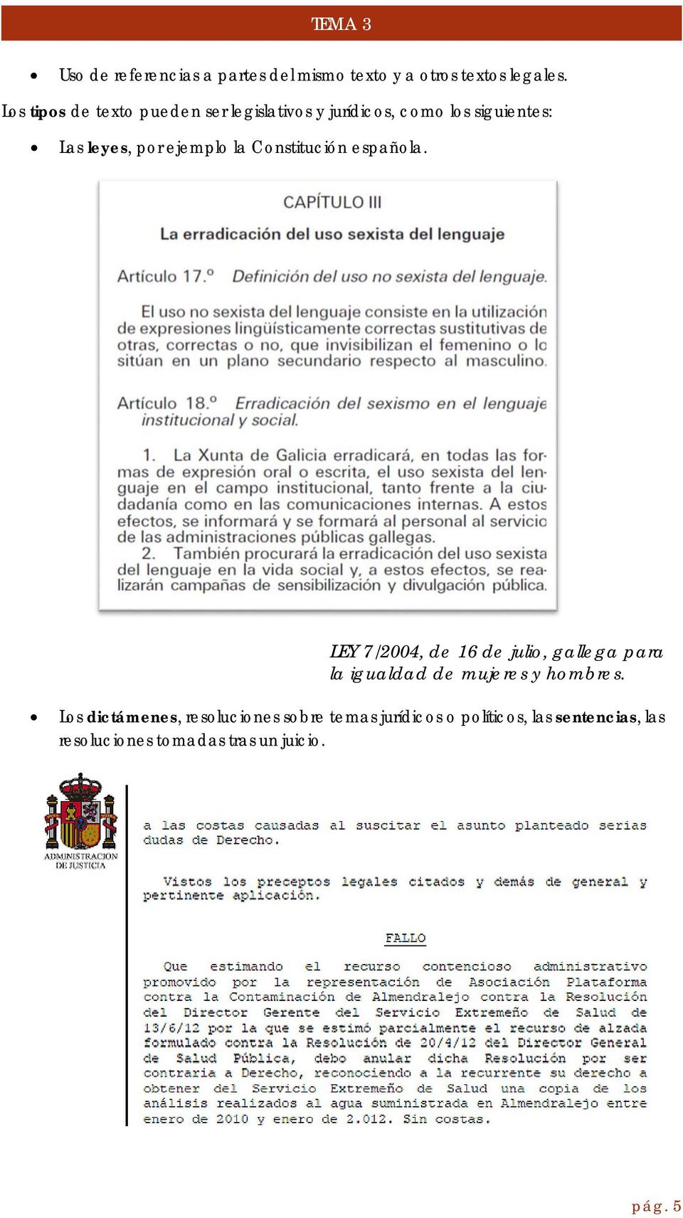 la Constitución española. LEY 7/2004, de 16 de julio, gallega para la igualdad de mujeres y hombres.