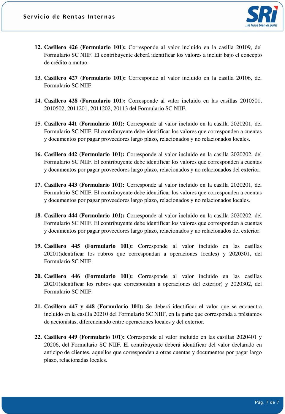 Casillero 428 (Formulario 101): Corresponde al valor incluido en las casillas 2010501, 2010502, 2011201, 2011202, 20113 del 15.