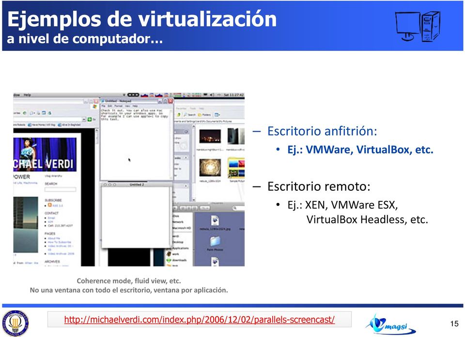 : XEN, VMWareESX, VirtualBox Headless, etc. Coherence mode, fluid view, etc.
