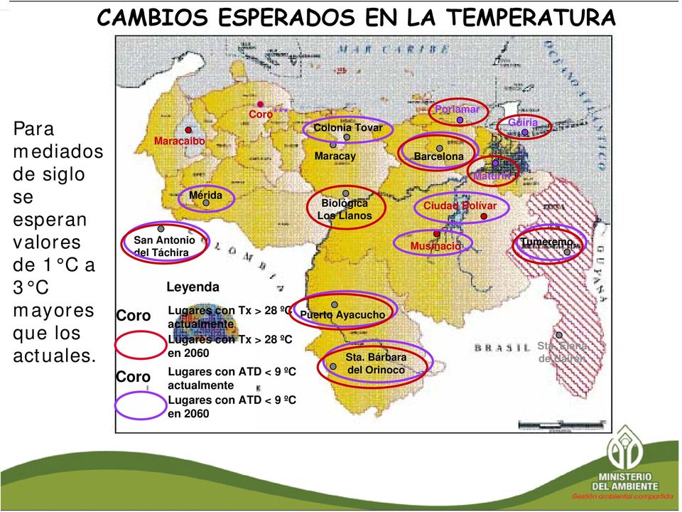 ºC en 2060 Lugares con ATD < 9 ºC actualmente Lugares con ATD < 9 ºC en 2060 Colonia Tovar Maracay Biológica Los Llanos
