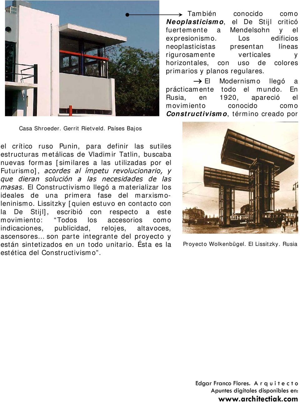 En Rusia, en 1920, apareció el movimiento conocido como Constructivismo, término creado por Casa Shroeder. Gerrit Rietveld.