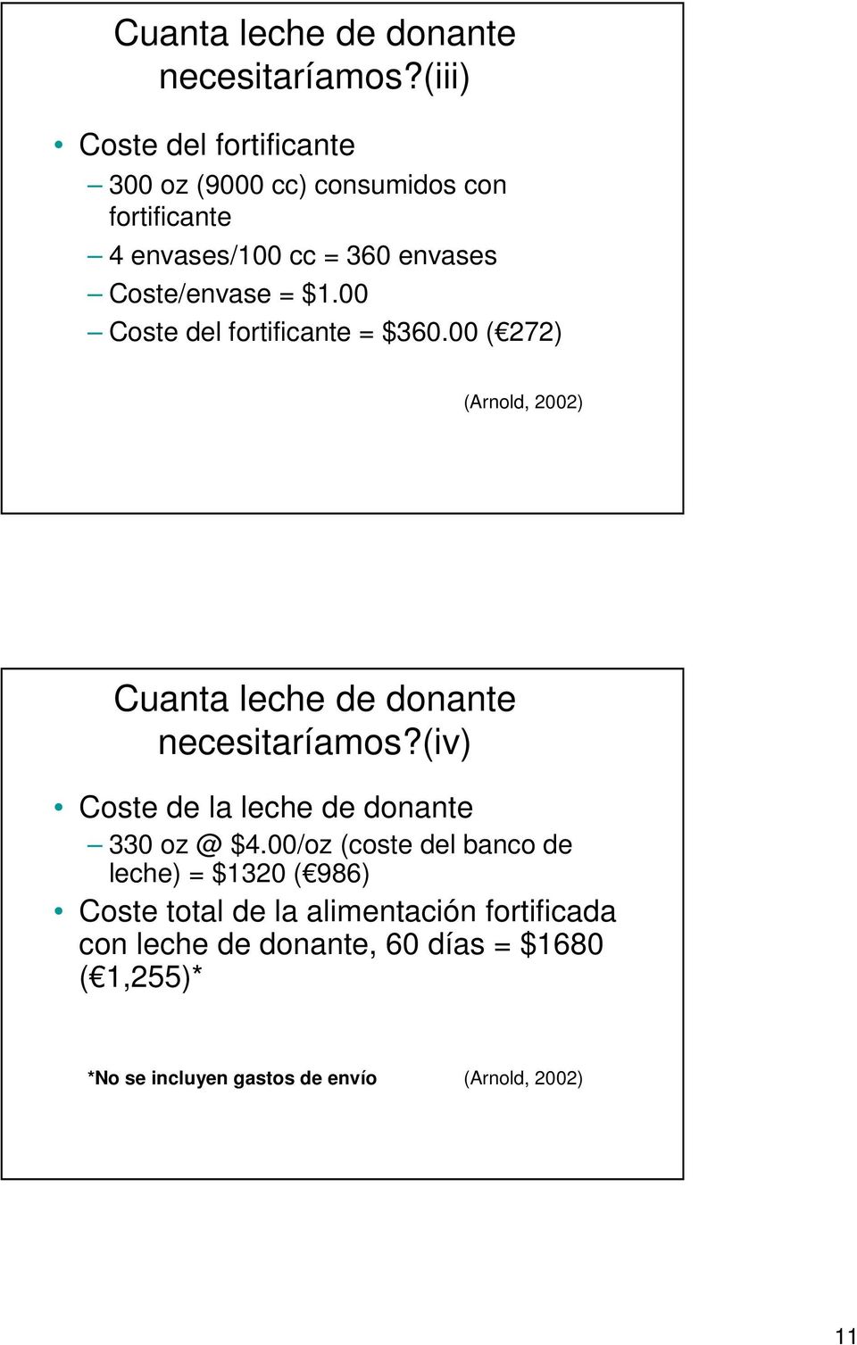 00 Coste del fortificante = $360.00 ( 272) (Arnold, 2002) (iv) Coste de la leche de donante 330 oz @ $4.