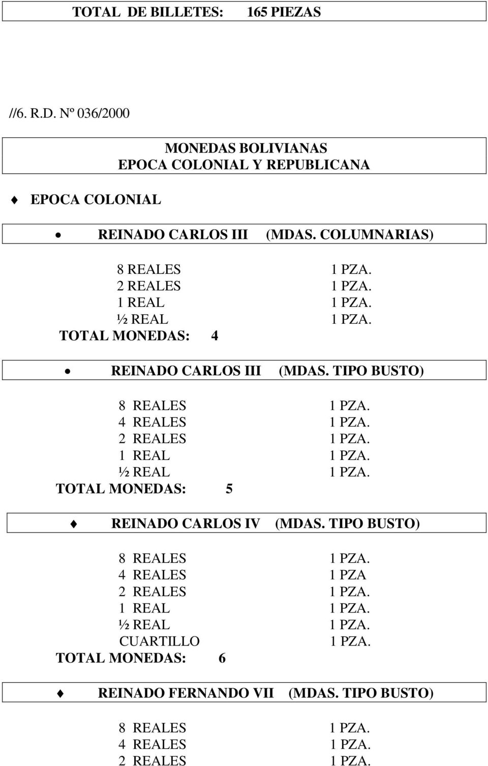 TIPO BUSTO) 8 REALES 4 REALES 2 REALES 1 REAL ½ REAL TOTAL MONEDAS: 5 REINADO CARLOS IV (MDAS.