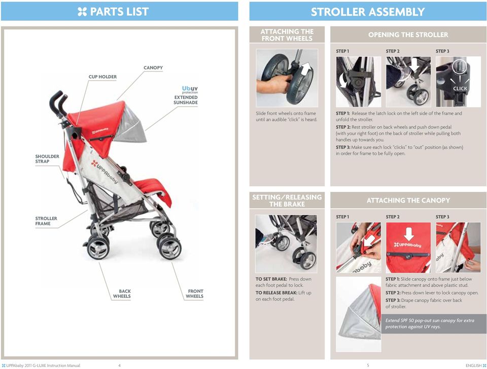 STEP : Rest stroller on back wheels and push down pedal (with your right foot) on the back of stroller while pulling both handles up towards you.
