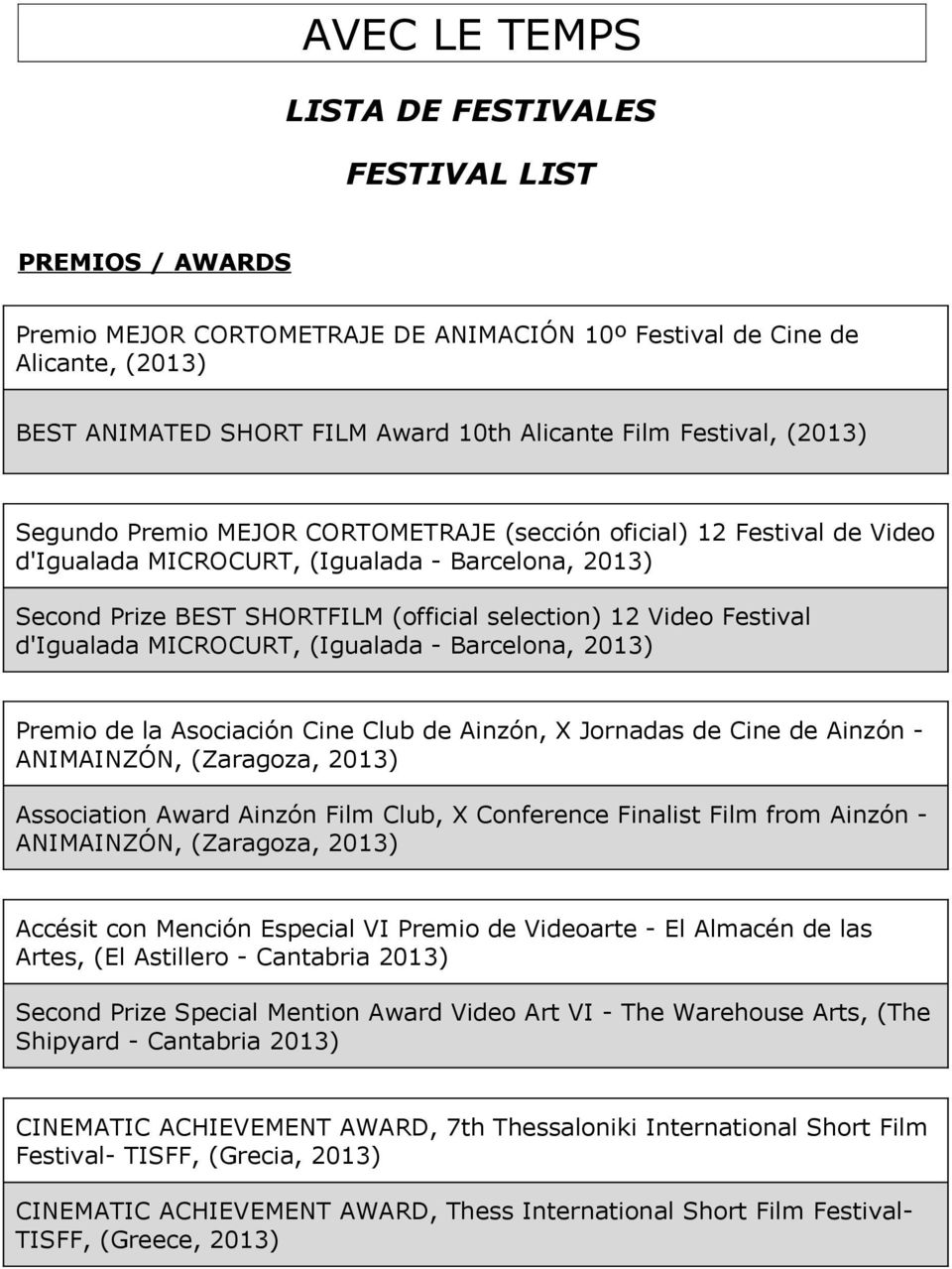MICROCURT, (Igualada - Barcelona, Premio de la Asociación Cine Club de Ainzón, X Jornadas de Cine de Ainzón - ANIMAINZÓN, (Zaragoza, Association Award Ainzón Film Club, X Conference Finalist Film