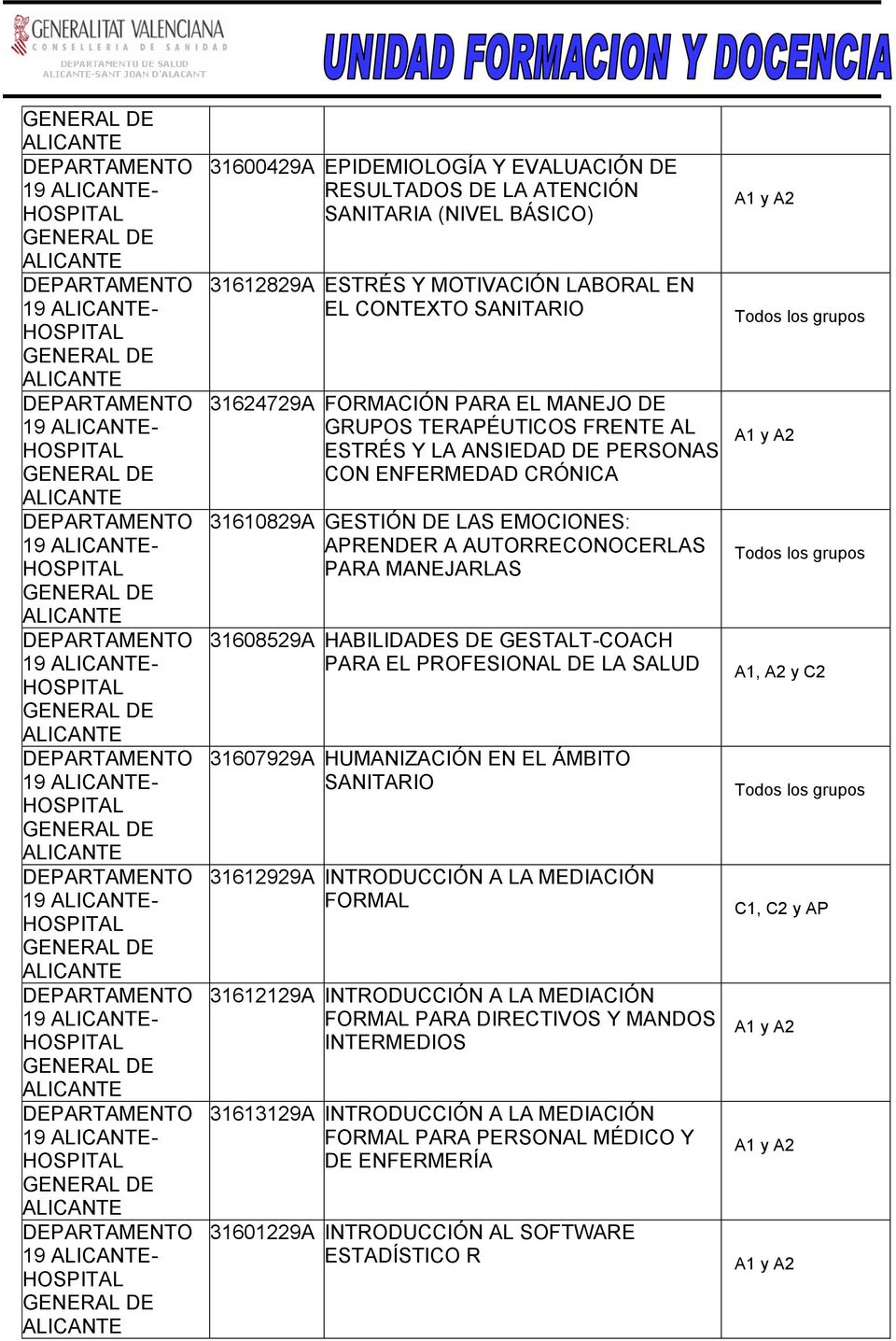 MANEJARLAS 31608529A HABILIDADES DE GESTALT-COACH PARA EL PROFESIONAL DE LA SALUD 31607929A HUMANIZACIÓN EN EL ÁMBITO SANITARIO 31612929A INTRODUCCIÓN A LA MEDIACIÓN FORMAL 31612129A INTRODUCCIÓN