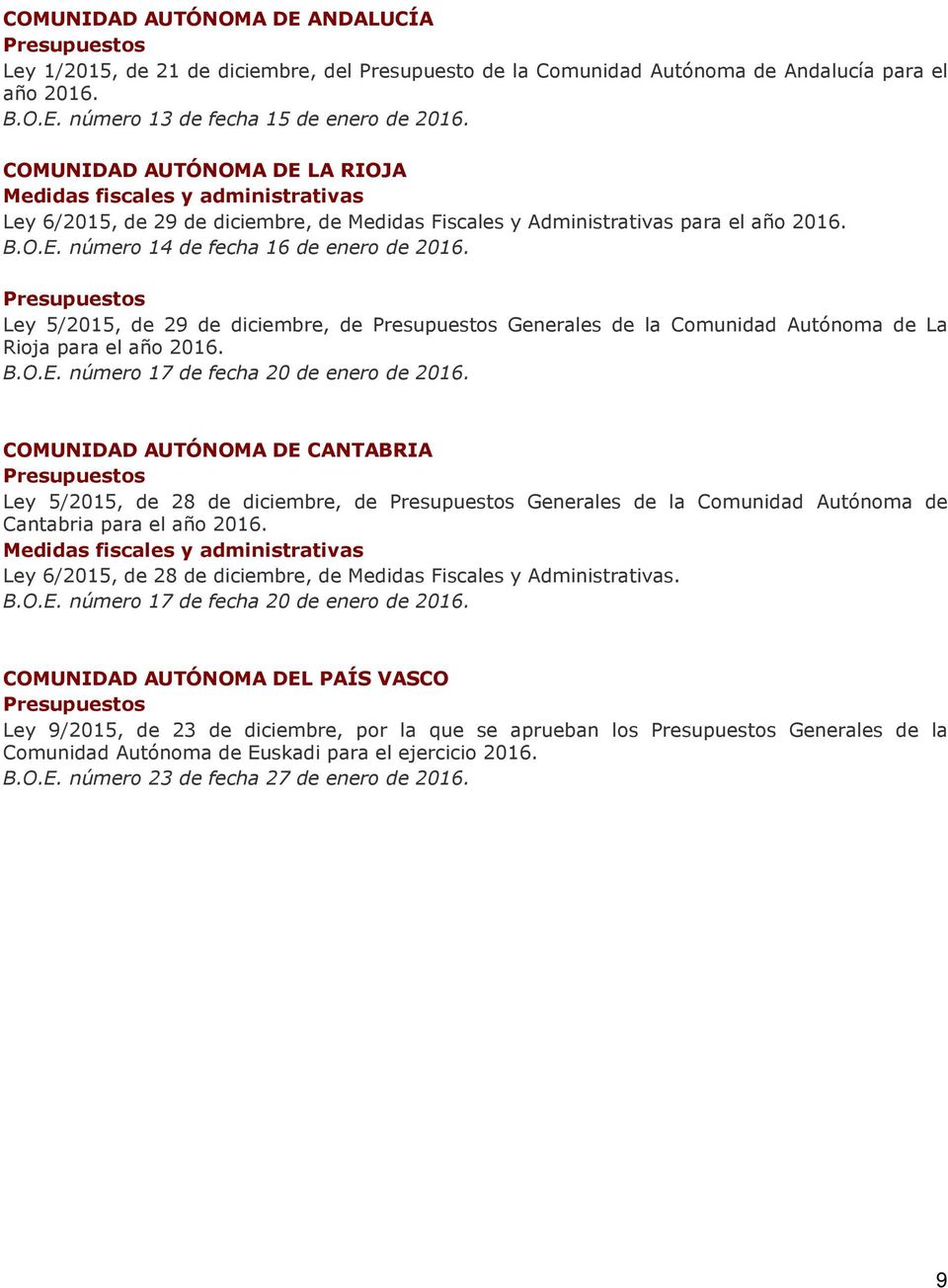 Presupuestos Ley 5/2015, de 29 de diciembre, de Presupuestos Generales de la Comunidad Autónoma de La Rioja para el año 2016. B.O.E. número 17 de fecha 20 de enero de 2016.