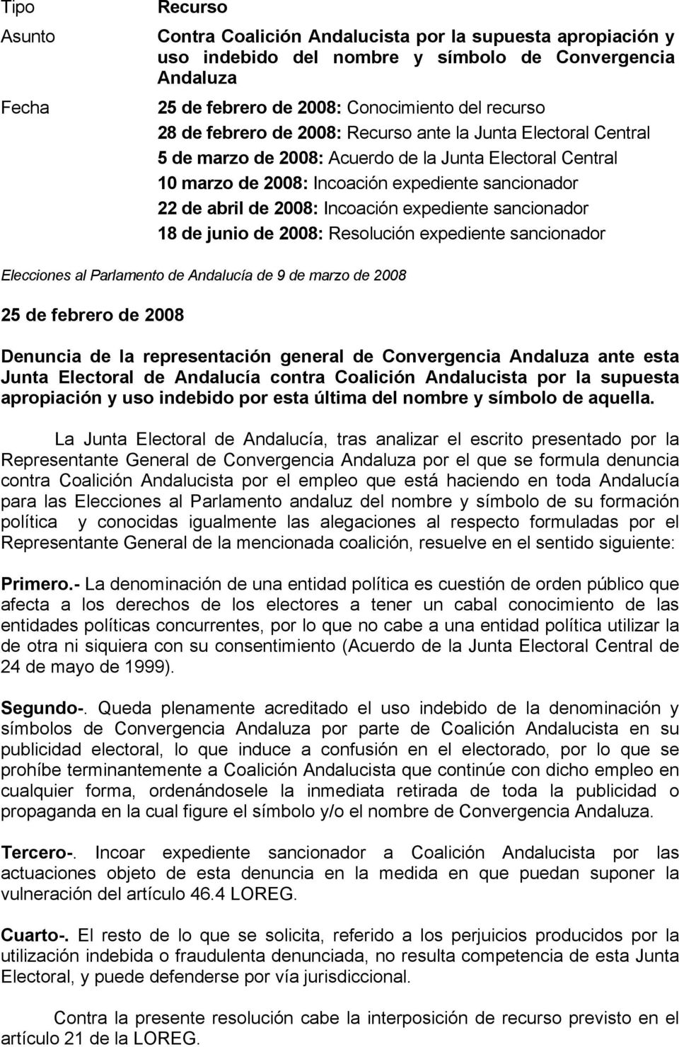 expediente sancionador 18 de junio de 2008: Resolución expediente sancionador Elecciones al Parlamento de Andalucía de 9 de marzo de 2008 25 de febrero de 2008 Denuncia de la representación general