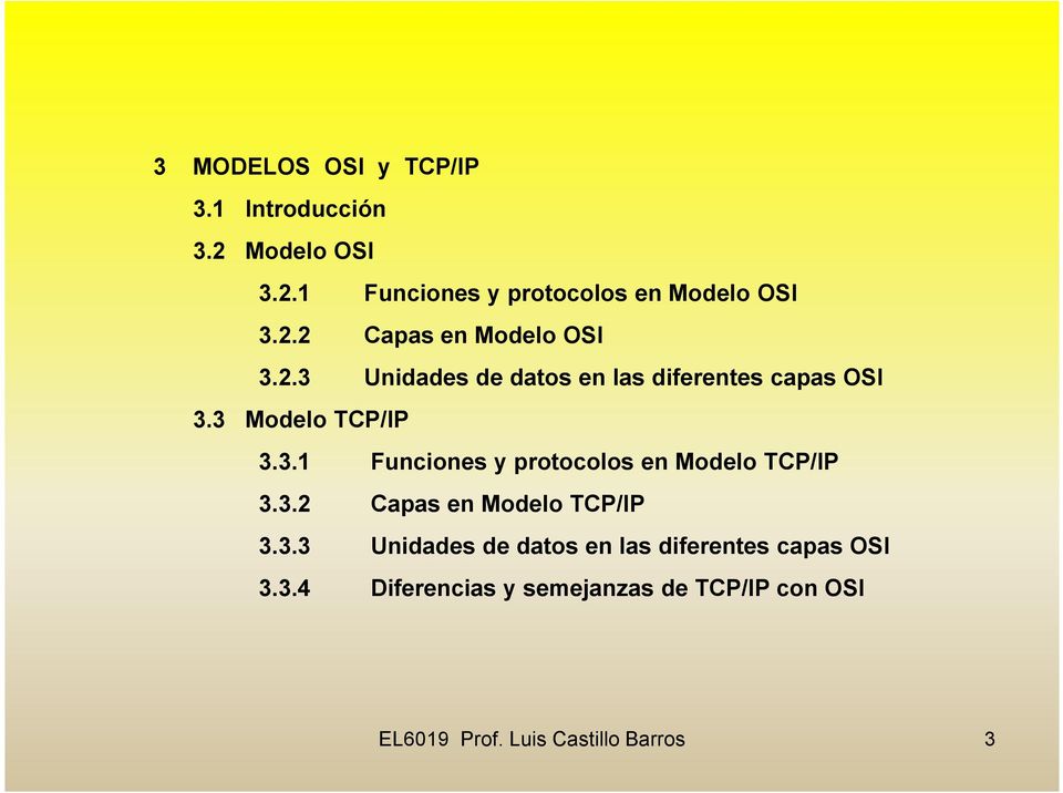 3.2 Capas en Modelo TCP/IP 3.3.3 Unidades de datos en las diferentes capas OSI 3.3.4 Diferencias y semejanzas de TCP/IP con OSI EL6019 Prof.