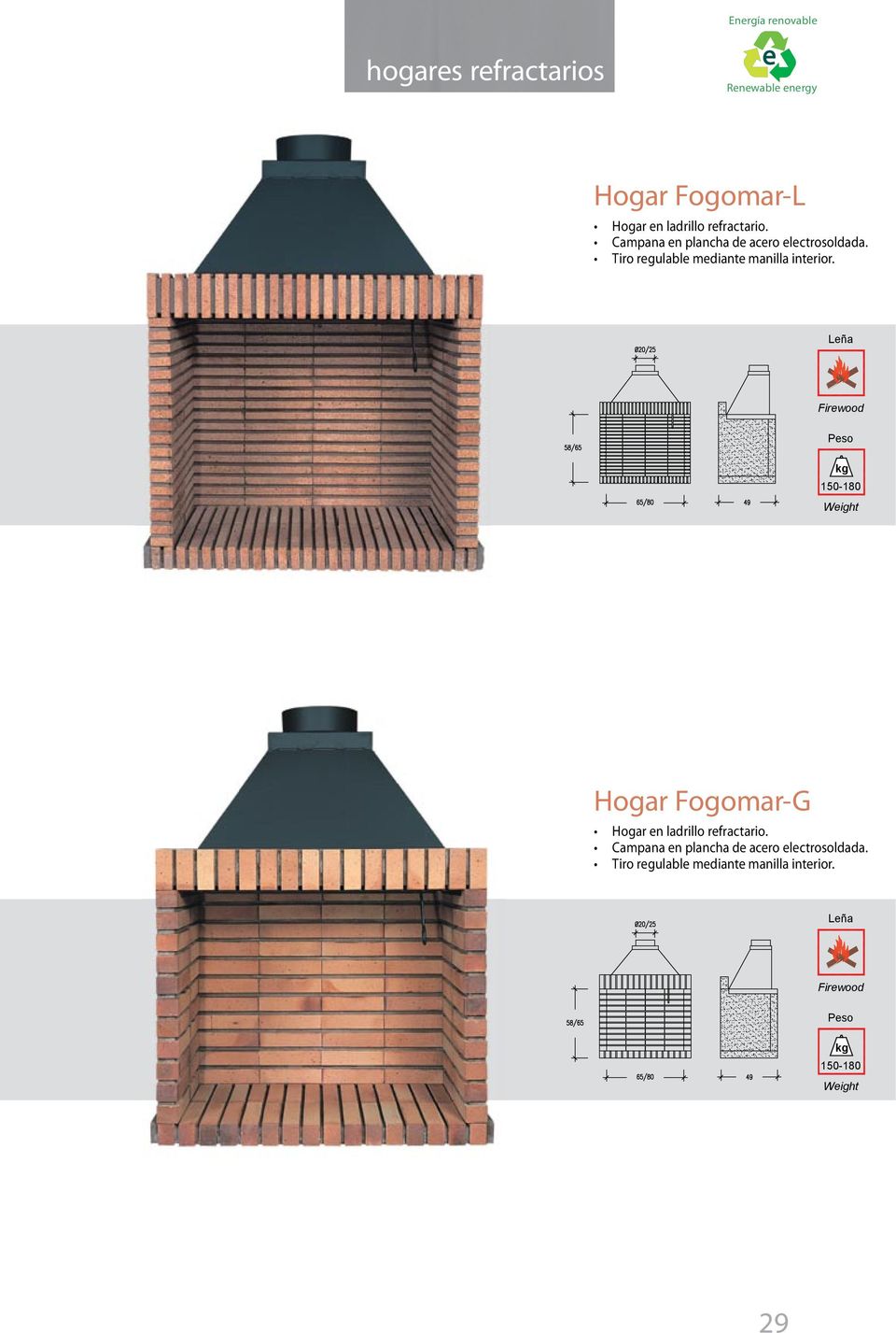 Adjustable draught control by means of interior handle. Hogar Fogomar-G Hogar en ladrillo refractario.