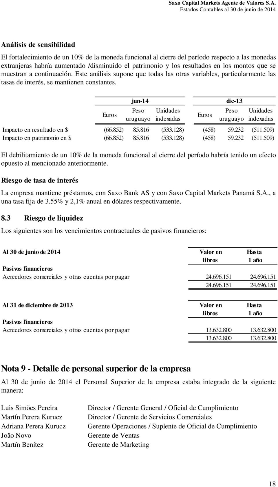 Euros jun-14 Peso uruguayo Unidades indexadas Euros dic-13 Peso uruguayo Unidades indexadas Impacto en resultado en $ (66.852) 85.816 (533.128) (458) 59.232 (511.509) Impacto en patrimonio en $ (66.