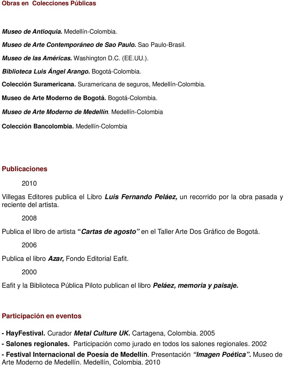 Medellín-Colombia Publicaciones 2010 Villegas Editores publica el Libro Luis Fernando Peláez, un recorrido por la obra pasada y reciente del artista.