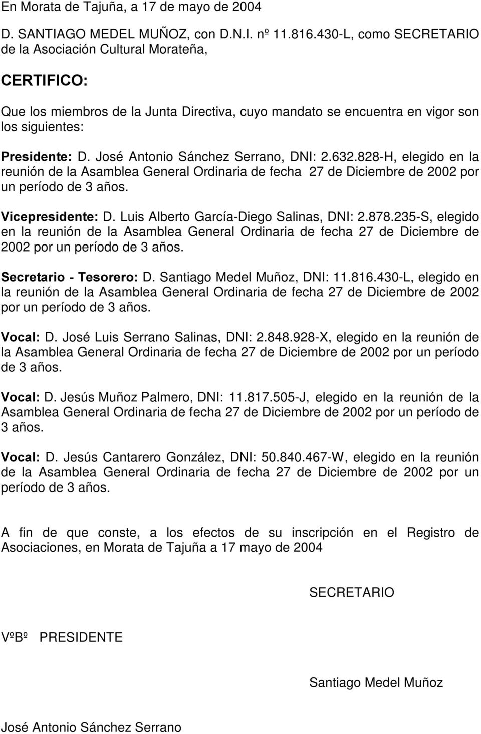 José Antonio Sánchez Serrano, DNI: 2.632.828-H, elegido en la reunión de la Asamblea General Ordinaria de fecha 27 de Diciembre de 2002 por un período de 3 años. 9LFHSUHVLGHQWH D.