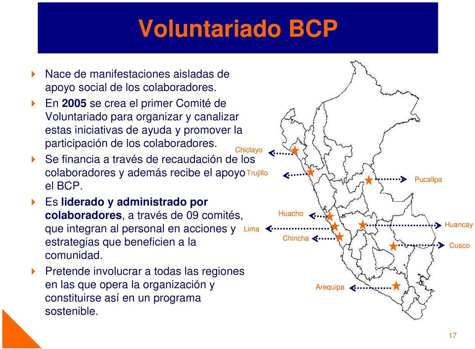 Chiclayo Se financia a través de recaudación de los colaboradores y además recibe el apoyo el BCP.