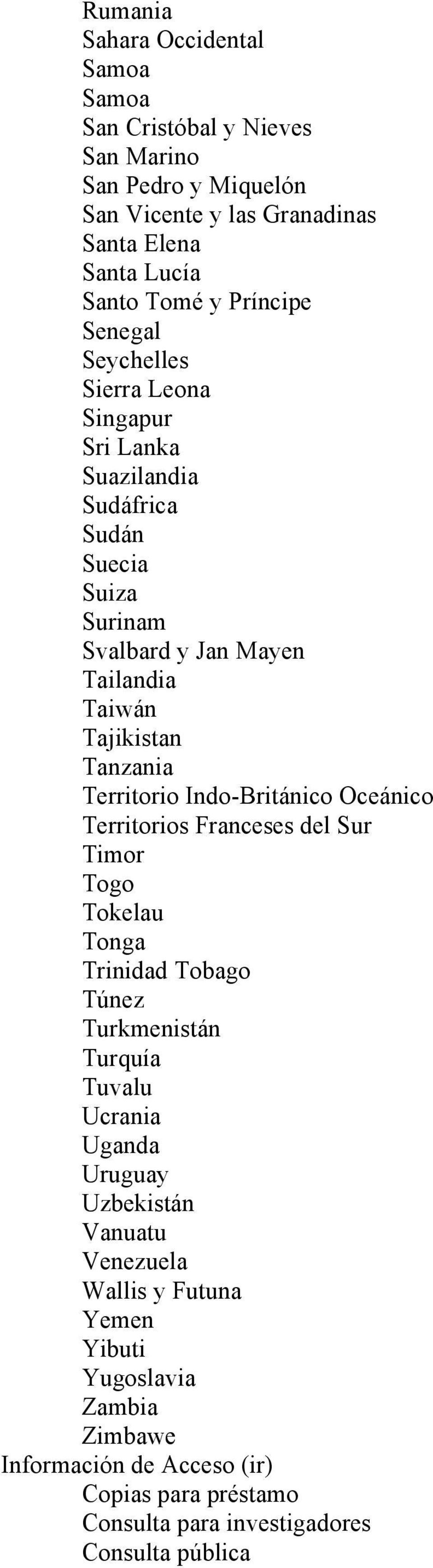 Territorio Indo-Británico Oceánico Territorios Franceses del Sur Timor Togo Tokelau Tonga Trinidad Tobago Túnez Turkmenistán Turquía Tuvalu Ucrania Uganda Uruguay